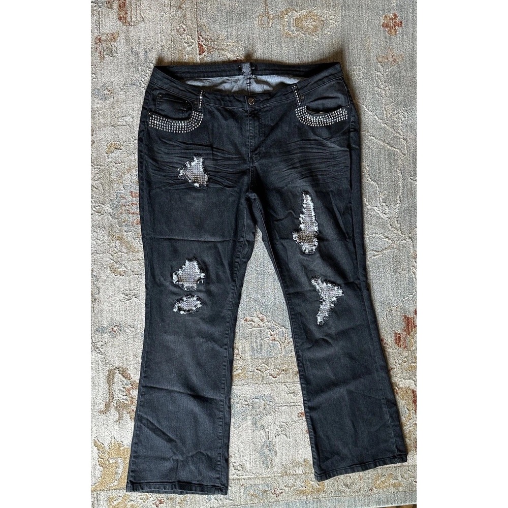 Ashley Stewart Size 22 Black Grunge Sequin Distressed Bootcut Jeans Y2K